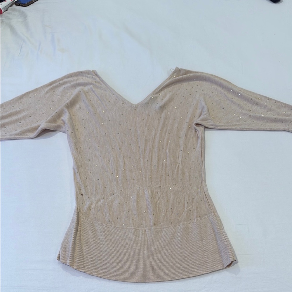 White House Black Market Tan and Gold V-Neck Sweater